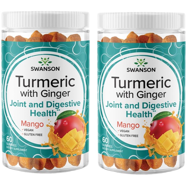 Swanson Turmeric with Ginger Gummies - All Natural Supplement Promoting Digestive & Immune System Health - Helps to Support Joint Function & Movement Ability - (Mango, 60 Gummies) (2 Pack)