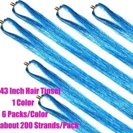 Hair Tinsel Kit with Tools 43 Inch 6 Packs 1200 Strands Tinsel Hair Extensions for Women and Girls Heat Resistant Sparkling Shiny Glitter Hair for Christmas Cosplay Party New Year (43 inch, lake blue)