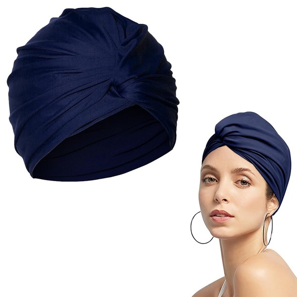 Swimming cap, swimming cap for women, swimming cap, swimming cap, turban made of pleated fabric, swimming cap, navy blue