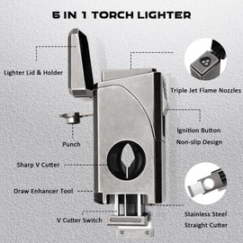 VloEssic 6-in-1 Triple Jet Butane Torch Lighter Built-in V & Straight Cutter, Punch, Holder, Draw Enhancer, Refillable Lighters and Windproof Gas Lighter for Candles, Cool Lighter for Men (No Gas)