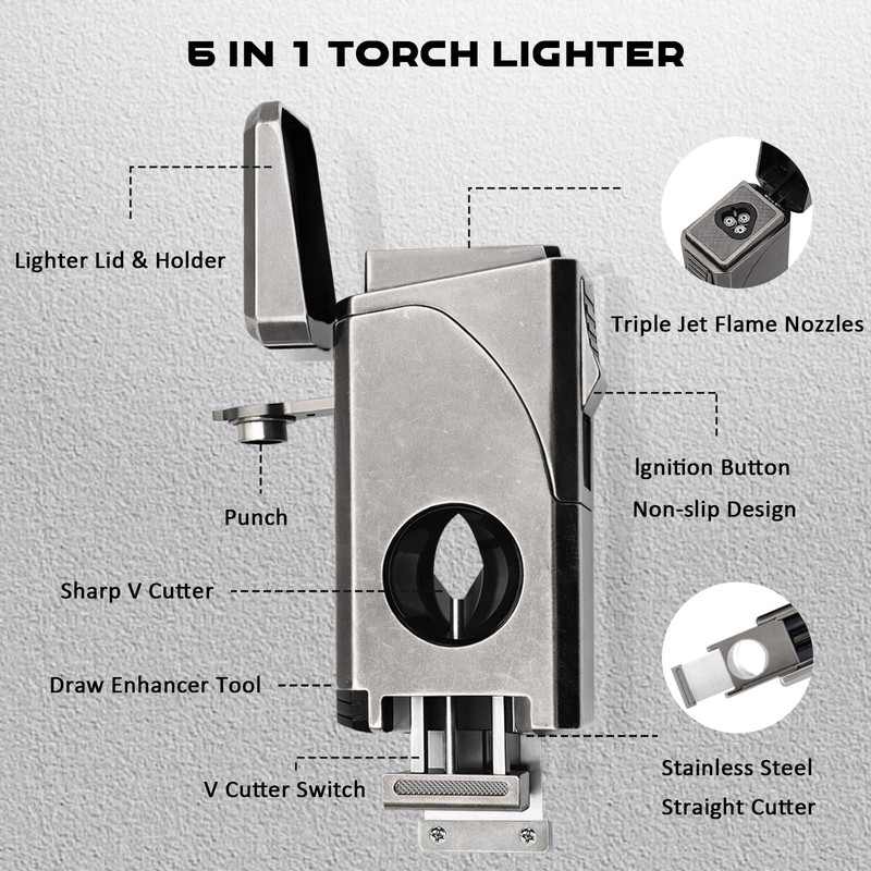 VloEssic 6-in-1 Triple Jet Butane Torch Lighter Built-in V &