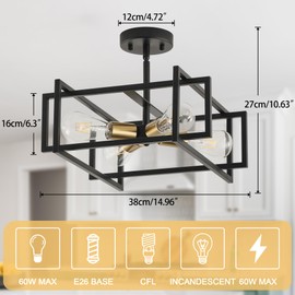 Febeleven Metal Semi Flush Mount Ceiling Light Fixture, 4-Light Black and Gold Industrial Ceiling Lamp Rustic Vintage Farmhouse Lighting Chandelier Light for Kitchen Island Hallway Dining Room