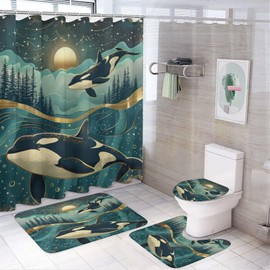 TIKRBMLB 4Pcs Playful Whale Orcas Shower Curtain, Night Scenery Star Moon Forest Shower Curtain Sets with Toilet Lid Cover, U-Shaped Mat and Non-Slip Rugs, Bathroom Decor Set, 72" x 72"