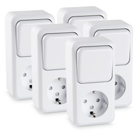 HEITECH Surface-Mounted Toggle Switch & Earthing Contact Socket Combination - New Model - 5 x Protective Contact Socket & Light Switch AP for Indoor Use - Schuko Socket 250 V 16 A IP20