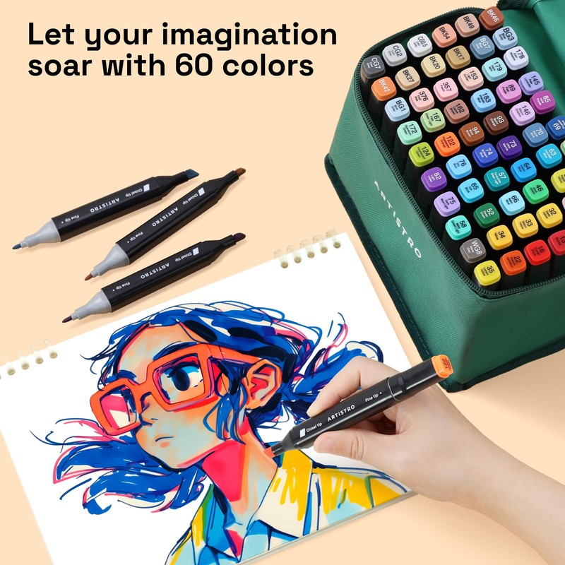 ARTISTRO 60 Dual-Tip Alcohol Markers - Alcohol-Based Pens Set, Chisel
