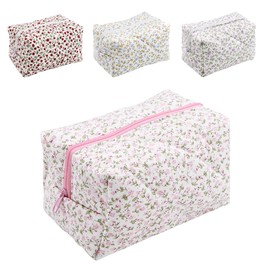 WADY Floral Organizer Bag, Portable Cosmetic Makeup Bag, Travel Quilted Makeup Bag, Wash Storage Organizer, Cute Pouch Toiletry Bag, Cute Floral Cotton Cosmetic Bag for Ladies Girl Women (Pink)