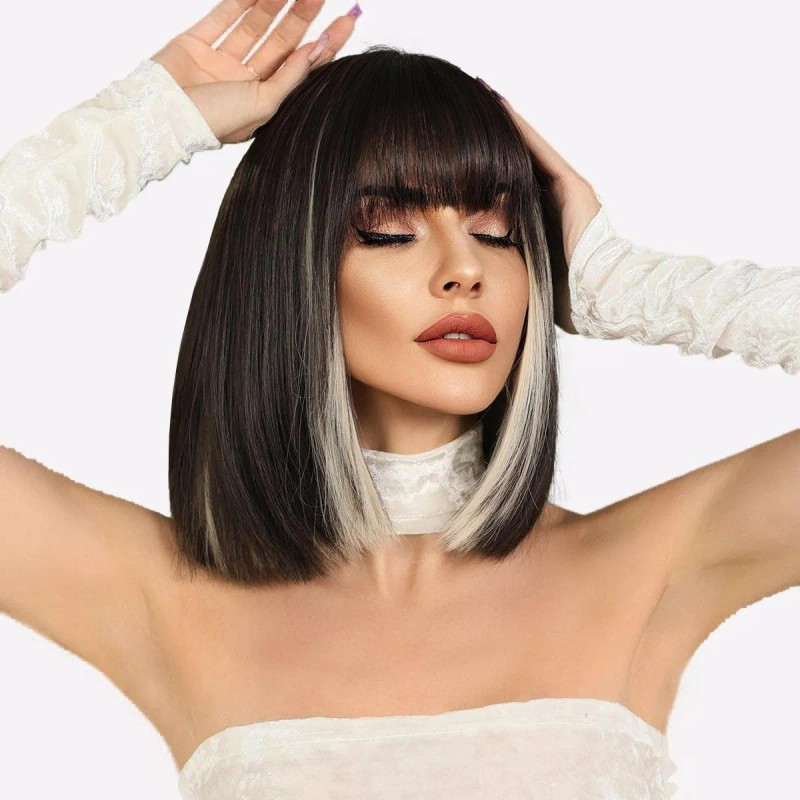 Pelucas De Cabello Natural Bob Negro Corto Y Liso Para