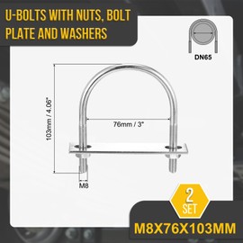 DTGN M8x76x103mm U Bolts Round Kit - 2Set - 304 Stainless Steel U-Bolt Kit with Nuts, Washers, Frame Plate - Good for DN65 Pipe, Trailer, Automotive, Leaf Spring Fastener