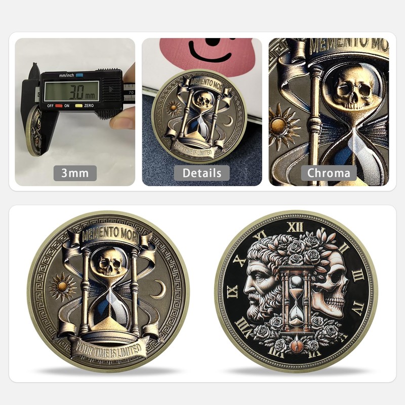 RYUKENLM Memento Mori Coin 3D Skull Challenge Coins Daily Stoic
