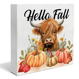 Fall Wooden Box Sign Home Decor Autumn Square Wood Sign Desk Decoration Fall Pumpkins Cow Wood Block Plaque Box Sign for Shelf Home 5 x 5 Inches