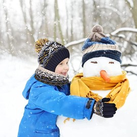 Kids Winter Beanie Hat Scarf and Gloves Set 3 Pieces Warm Thick Knit Crochet Fluffy Hat with Cute Pom Pom for Boys and Girls Children Aged 6-10 Years Old (Beige White)
