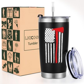 LiqCool - Firefighter Gifts for Men, Thin Red Line Flag Design Travel Tumbler, Cool Firefighters Gifts for Husband Brother Friends, Fire fighter Gifts for Birthday Christmas Father's Day(20 Oz Black)