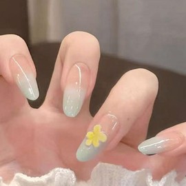 BQZQPAMZ Green Gradient Long Almond Fake Nails Yellow Flower Press On Nails Almond Glossy Floral Design Acrylic Nails for Women DIY Spring Manicure Decoration Supplies-10pcs