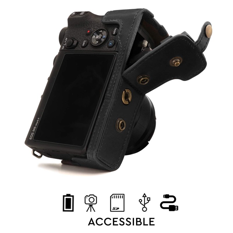 MegaGear Leather Camera Case, Black, for Canon EOS M6 Mark