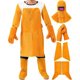 Jecery 5 Pcs Welding Flame Resistant 5 in 1 Set Include Cowhide Leather Welding Apron gloves sleeves spats Boot Covers and Hood with Light Lens and Neck Shoulder Protection