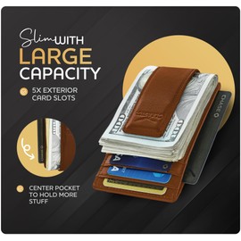 Money Clip - Men's Leather Wallet Slim Front Pocket RFID Blocking with Super Strong Magnetic