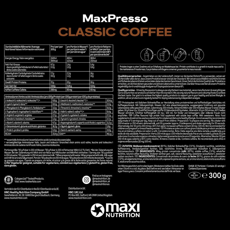 MaxiNutrition MaxPresso Coffee Classic, Protein Coffee, Whey Coffee Powder, 21