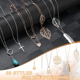 Hicarer 30 Pieces Long Pendant Necklace Set Simple Bar Layer Tassel Y Tassel Leaf Circle Bar Necklace Y-Shaped Statement Sweater Necklace for Women Girls
