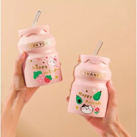 Taza Vaso Yakkul Ceramica Tapa + Popote Kawaii Cute 12265 N* Color Rosa Aguacate