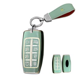HIBEYO Key Fob Cover with Keychains for Genesis G80 GV80 G70 GV70 2021 2022 Soft TPU Key Case Shell Car Accessories Replacement 8 Buttons Smart Remote Key-Green
