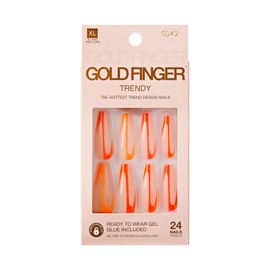 GoldFinger Trendy False Nails Kit, X-Long Coffin Design Nail, Minimal Tropical Orange & Yellow Print, Ready to Wear Gel & Manicure Stick included, Long-Lasting Convenient & Easy to Apply