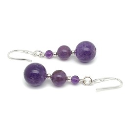 Beaded Gemstone Earrings, Graduated Crystal, Dangle Drop, Sterling Silver Hooks, Handmade Minimalist Chakra Statement Retro (Purple Amethyst)