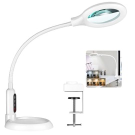 TOMSOO 10X Magnifying Glass with Light and Clamp, 5 Color Modes Stepless Dimmable Lighted Magnifier with Stand, Flexible Gooseneck LED Desk Lamp Hands Free for Craft Painting Hobby Close Work