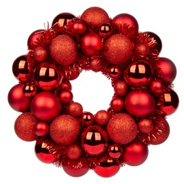 Christmas Ball Wreath 13" Xmas Wreaths Ornaments Glitter Thicken Shatterproof Garland Decoration for Door Wall Mantel Holiday Party Decor, Red