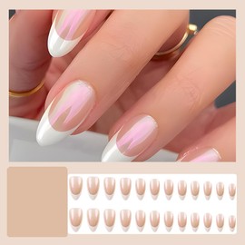 Short False Nails, Cat Eye Glitter Press on Nails, Nails Handmade Press-On Medium Long Coffin Ballerina with Flesh Color Cat Eye Design Charm Cute False Nail Tips 24 Pcs (DY1475)
