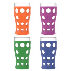 Lifefactory 20-Ounce Indoor/Outdoor Protective Silicone Sleeve Beverage Glass, 4-Pack, Orange, Grass Green, Cobalt, Huckleberry,LF340400C4