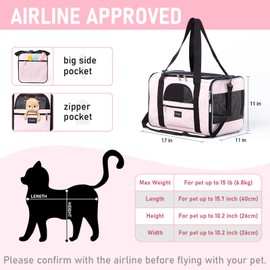 Peixty Pet Carrier for Cats,Small Dogs Under 15 Lbs(17x11x11 Inches),Delta/American/United Airline Approved Carriers, Cats Soft-Sided Carriers,Pet Travel Carrier Bag with Two Storage Pockets-Pink