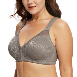 DotVol Front Closure Bra for Women Full Coverage Back Support Wirefree Posture Jacquard Adjustable Strap Comfort(Grey,36DDD)
