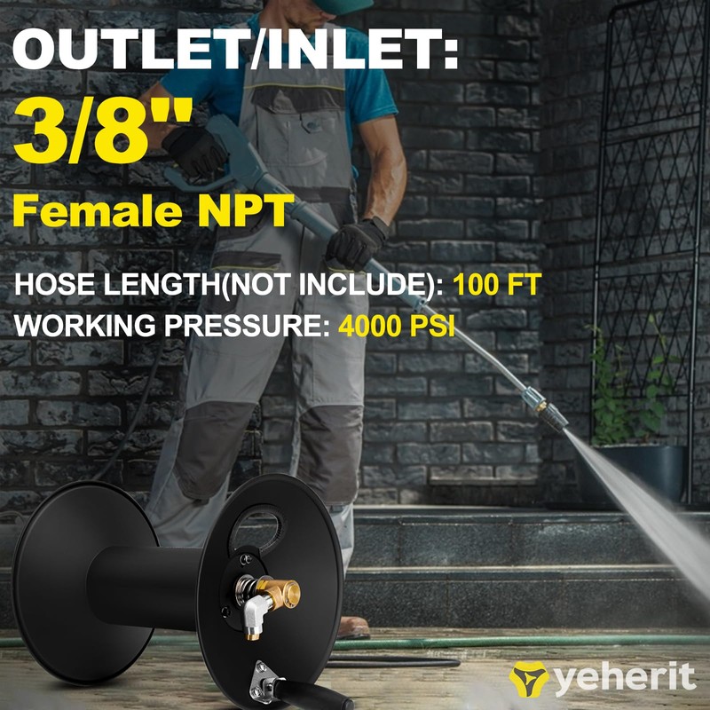 High Pressure Washer Hose Reel 100ft, 3/8" NPT with Swivel