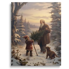 Christmas Canvas Wall Decor Santa Claus Children with Cute Puppy in The Snow Pictures Print Wall Art Festive Holiday Ornament Wall Painting Decor for Bedroom, Living Room, or Entryway Decor 8x10inch