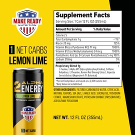 Make Ready Nutrition 2Alpha Energy - Lemon Lime, 150mg Caffeine, Alpha-GPC, L-Theanine, Red Korean Ginseng, Zero Sugar, Low Carb - 12 fl oz (12 Pack)
