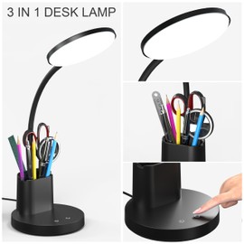 Desk Lamp, LED Desk Lamp for Home Office, Touch Control Lamp with 3000k 4000k 5000k 3 Color Modes Adjustable, Dimmable Desk Light with Pen Holder, Black