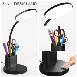 Desk Lamp, LED Desk Lamp for Home Office, Touch Control Lamp with 3000k 4000k 5000k 3 Color Modes Adjustable, Dimmable Desk Light with Pen Holder, Black