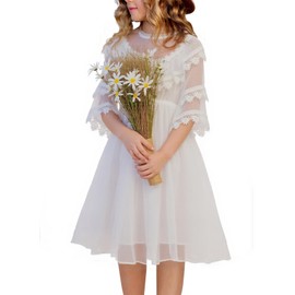 New 3-15Y Girls White Lace Dress Flutter Sleeve Vintage Boho Style Flower Girl Wedding Party Special Occasion(US, Age, 8 Years, White)