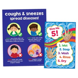 ZOCO – Kids Hygiene Posters (2-Pack) – Give Me 5 Handwashing 12x18 & Cover Your Cough 17x22 – Laminated School Nurse Office Decor – Preschool, Daycare, Elementary Supplies