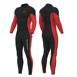 Hevto Wetsuits Men 3mm Neoprene Full Scuba Diving Suits Surfing Swimming Long Sleeve Keep Warm Back Zip for Water Sports (G-Men Red, 3XL)