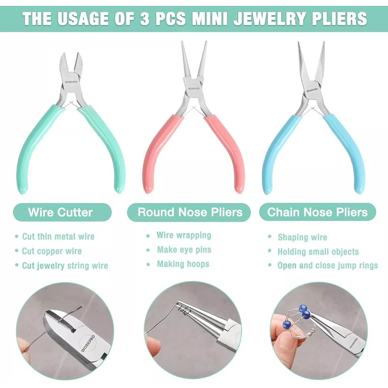 WORKPRO 3 Pack Jewelry Plier Set Needle Nose/Chain Nose Pliers