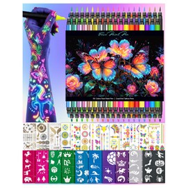 Temporary Tattoo Markers for Skin, 36 Pcs Dual-Tip Matte & Metallic & UV Glow Tattoo Pens, Skin-Safe Tattoo Kit with Tattoo Stencils & Stickers, Washable Body Markers for Kids Teens Adults