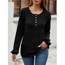 Famulily Women's Button Up Round Neck Jumper Long Sleeve Ladies Casual Autumn Tops (M, Black)