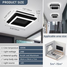 CANEOE Black Modern LED Ceiling Light, Square Flush Mount Ceiling Hallway Light Fxitures, 6000K Cold White Small Close to Ceiling Lamp for Bedroom Hallway Kitchen Balcony Cloakroom