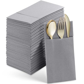 Servilletas desechables de lino con bolsillo integrado para cubiertos, paquete de 50 servilletas de papel preplegadas en color gris para bodas, cena o fiesta