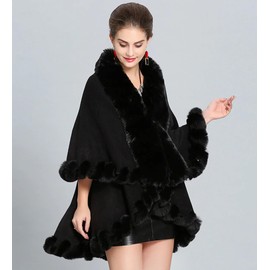 Cashmere Pashmina Group Poncho-Fur-Coat-Cape-Faux Fur-Ruana-blanket-Caplet-Wrap-Shrug-Sweater-dress shawl (Ebony Wool blend cape with faux fur trim)