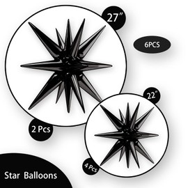 BlingABC 6Pack Black Explosion Star Foil Balloons,Large 14 Point Cone Magic Starburst Balloons for Wedding Anniversary Backdrop Birthday Party Decorations Supplies(27 & 22 inch)