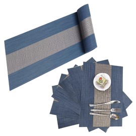 Placemats with Table Runner Set Place Mats, Woven Crossweave Placemat Vinyl Kitchen Tablemat, Washable PVC Table Mats for Dining Table, Parties, Farmhouse, Thanksgiving, Christmas & Gathering (Blue C)
