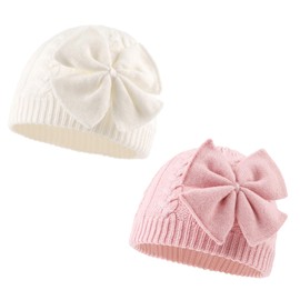 XIAOHAWANG Baby Hat Girls Knitted Hat Children's Winter Hat Warm Children's Hats with Bow, White + Pink