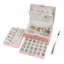 BOOVO Earring Jewelry Box For Women Girl Stud Organizer, 5 Layers Girl Jewelry Organizer Box With Lock Earring Holder Organizer Necklace Ring Jewelry Organizer Box For Girls (rose gold)